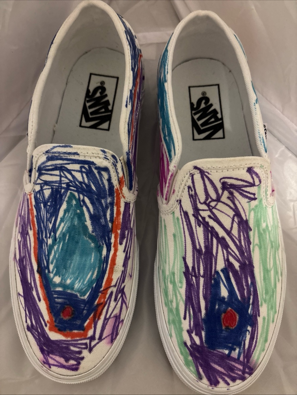 Vans  White Canvas Slip-On Sneakers with Multicolor Marker Art